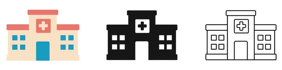 Modern hospital icon collection showcasing medical buildings in colored and outline styles. Includes health care, clinic, emergency, patient care, doctor, nurse, and wellness facility illustrations.