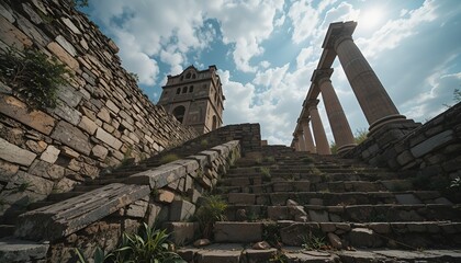 Ancient stone steps ascend towards weathered ruins under a bright sky with fluffy clouds above.
