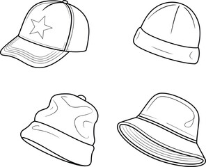Cap, beanie, bucket hat, fashion headwear illustration, outline sketch, stylish clothing accessory, modern hat design, cad drawing flat vector illustration