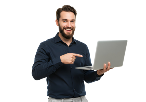 Smiling man pointing to a laptop computer, isolated on a white background, highlighting a digital innovation