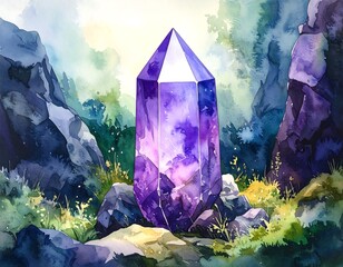 Watercolor crystal nestled in a rocky landscape