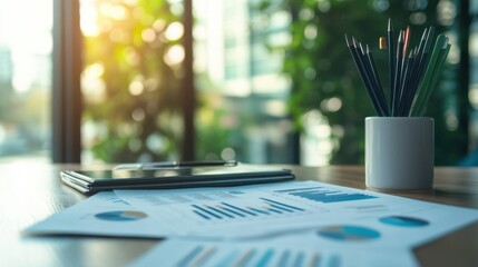 strategy plan with graphs and data points on a desk, symbolizing business audit and financial management, clean style, blurred background