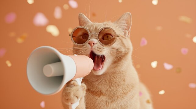A ginger cat in glittery round sunglasses holds a megaphone while meowing against an orange festive backdrop with confetti. Business message, sale and discount on online shopping