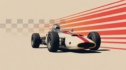 Obraz premium Vintage Formula 1 Race Car Illustration with Retro Colors, Speed Lines, and Checkered Flag Background | Classic Motorsport Art