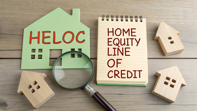 Green house cutout labeled HELOC with notebook and magnifying glass on wooden surface &ndash; Conceptual metaphor for home equity credit, financial analysis, and property-based lending strategy, business