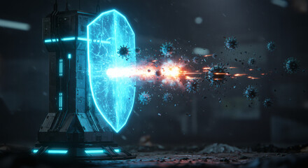Advanced shield technology repelling viral attacks, protecting against biological threats and disease transmission