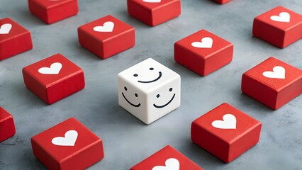 Grid of red cubes with white hearts and one smiling white cube on purple surface – Conceptual metaphor for individuality, emotional positivity, and standing out in a loving environment, business