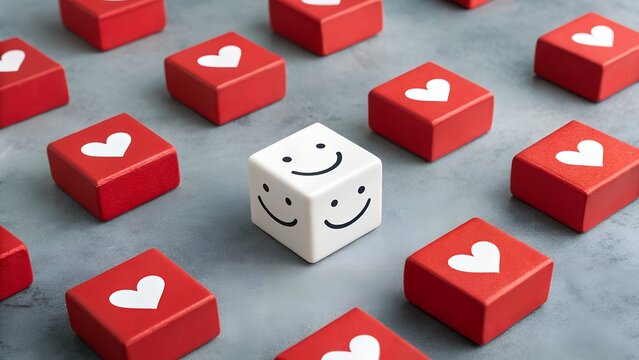Grid of red cubes with white hearts and one smiling white cube on purple surface – Conceptual metaphor for individuality, emotional positivity, and standing out in a loving environment, business - Powered by Adobe