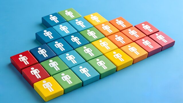 Stepped pyramid of rainbow-colored blocks with person icons on blue background – Conceptual metaphor for demographic segmentation, organizational growth, and structured representation, business