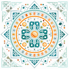 Intricate Teal And Orange Pixel Art Mandala Design