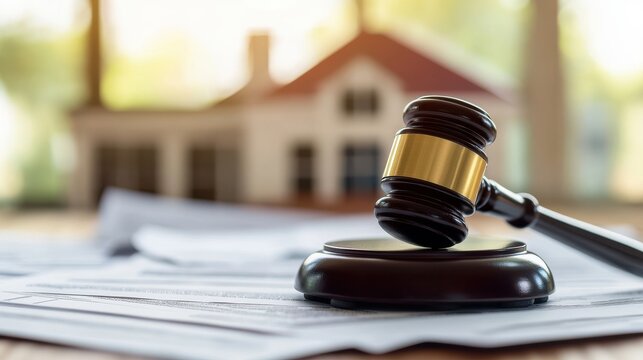 A gavel striking down in a courtroom auction, on blurred background