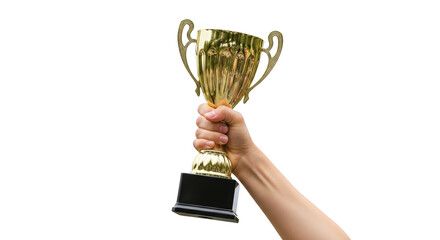 Hand holding a golden trophy cup isolated on white background unique artwork design concept