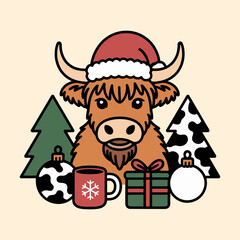 Christmas Highland Cow with Pine Trees and Ornaments Illustration