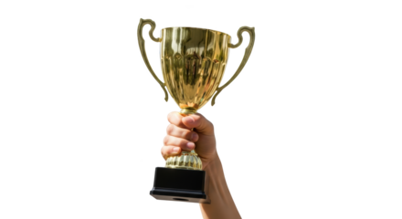 Hand holding a golden winners trophy cup isolated on white background creative composition concept