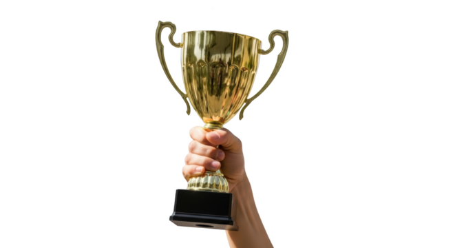 Hand holding a golden winners trophy cup isolated on white background creative composition concept
