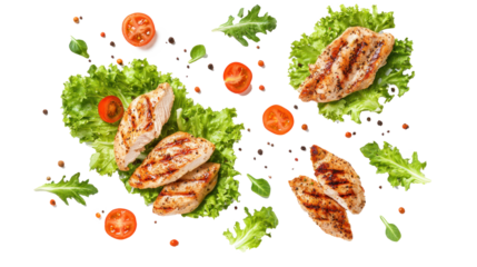 Grilled chicken, tomatoes, lettuce leaves, floating isolate on transparent background