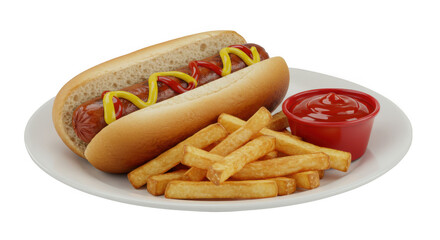 Hot dog with french fries and ketchup isolated on transparent background