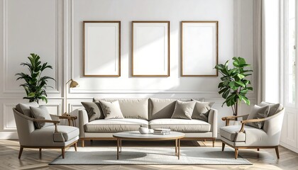 A sunlit, classic living room features a beige sofa and armchairs, framed by a light-toned, elegant interior design.