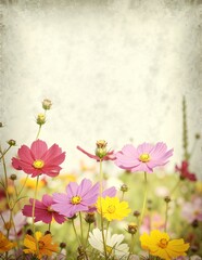 Obraz premium A vibrant bouquet of assorted flowers, including roses and daisies, is placed centrally in a faded, vintage photograph, evoking nostalgia and beauty.