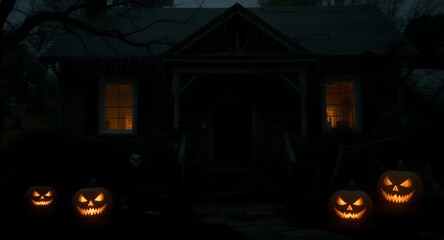 One spooky halloween pumpkin, Jack O Lantern, with an evil face and eyes on a wooden bench, table with a misty gray coastal night background with space for product placement.