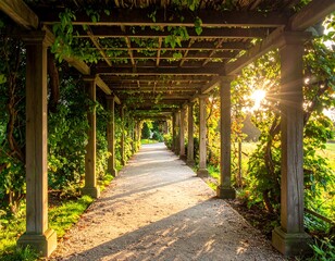 A sun-drenched walkway under a wooden pergola, filled with lush greenery, creates a serene and tranquil atmosphere.