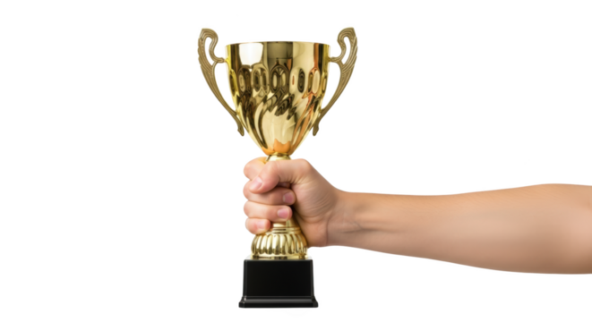 Hand Holding Golden Trophy on White creative composition concept influenced by Hand Holding Golden