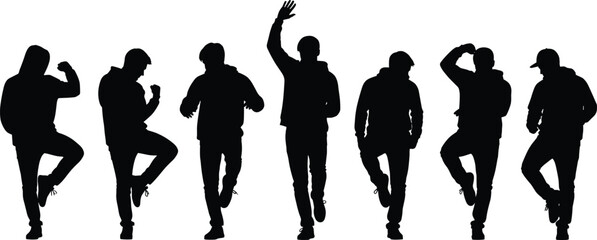 Dance silhouette vector set, expressive human poses, black figures in motion, energetic movement illustration, performing arts concept, isolated design elements, choreography icons