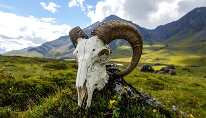 A bleached animal skull with impressive horns rests on a rock amongst lush green grass, bathed in the sunlight of a mountainous landscape.
