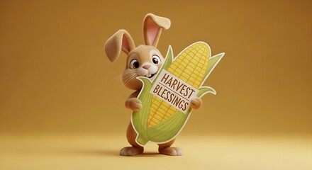 Adorable bunny holding harvest blessings corn on a gold background perfect for autumn and thanksgiving celebrations
