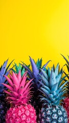 Obraz premium A vibrant stack of fresh pineapples, their golden-yellow skin glistening under soft light, showcasing the lush green spiky crowns atop each fruit.