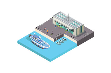 isometric port with sea transportation isolated on white background