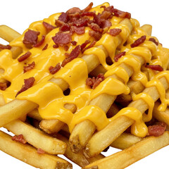 Cheese and bacon covered french fries isolated on transparent background