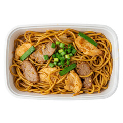 Chicken and pork stir fried spaghetti in a takeout container isolated on transparent background