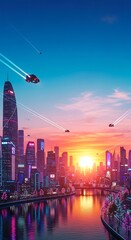 Fototapeta premium Futuristic metropolis at sunset with flying vehicles and vibrant neon lights