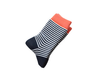 Navy Blue and White Striped Sock with Coral Cuff Isolated on White