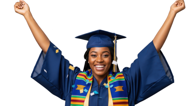 Joyful Black Graduate Celebrating Achievement with Arms Raised unique artwork design concept based on