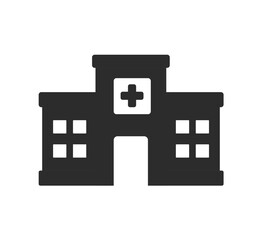 Black hospital building stencil icon silhouette with cross symbol on the roof, representing healthcare, emergency, clinic, doctor services, medical facility architecture, and public health care.