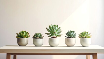 Fototapeta premium Five small succulents in simple, light gray ceramic pots sit in a row on a white table against a light background.
