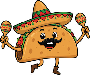 Art & IllustrationCartoon taco character wearing sombrero, holding maracas, dancing happily, Mexican food mascot, festive celebration concept, fun illustration for design