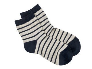 Navy Blue and White Striped Socks on White Background