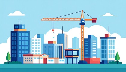 A cityscape illustration showcasing construction in progress, featuring modern buildings and a large crane against a light blue sky.