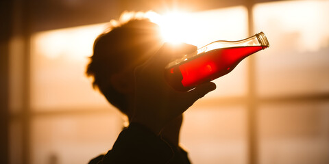 Silhouette of a man holding a bottle of red liquid illuminated with a soft warm light coming from behind the subject against a blurred background.