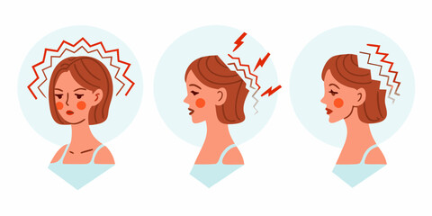 Woman experiencing different types of headaches and migraines with visual pain indicators