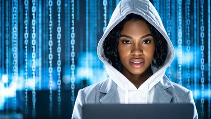 Woman in hood typing on laptop in front of matrix style binary code background for cybersecurity concept - Powered by Adobe