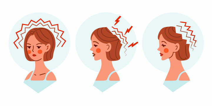 Woman experiencing different types of headaches and migraines with visual pain indicators
