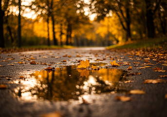 Fototapeta premium Vibrant autumn path with golden leaves reflecting in puddles, evoking cozy seasonal charm