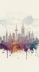 Fototapeta premium Vibrant watercolor cityscape art, expressive urban skyline illustration