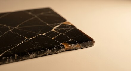 Close up of cracked black stone tile, showing texture and detail. use cases: construction, design, and geological studies.