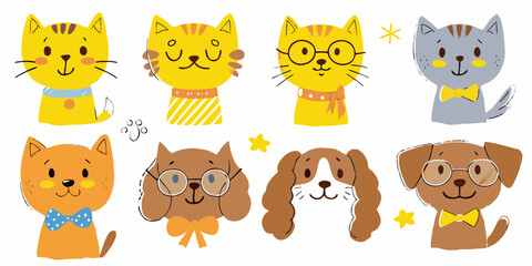 Collection of cute cartoon cats and dogs with accessories and stars on white background