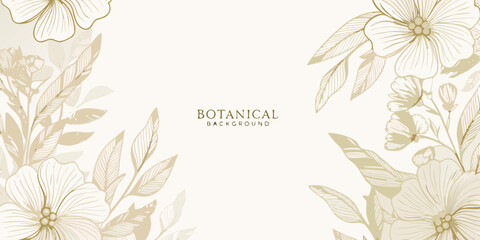 Elegant botanical background with delicate line art flowers and leaves in soft neutral tones